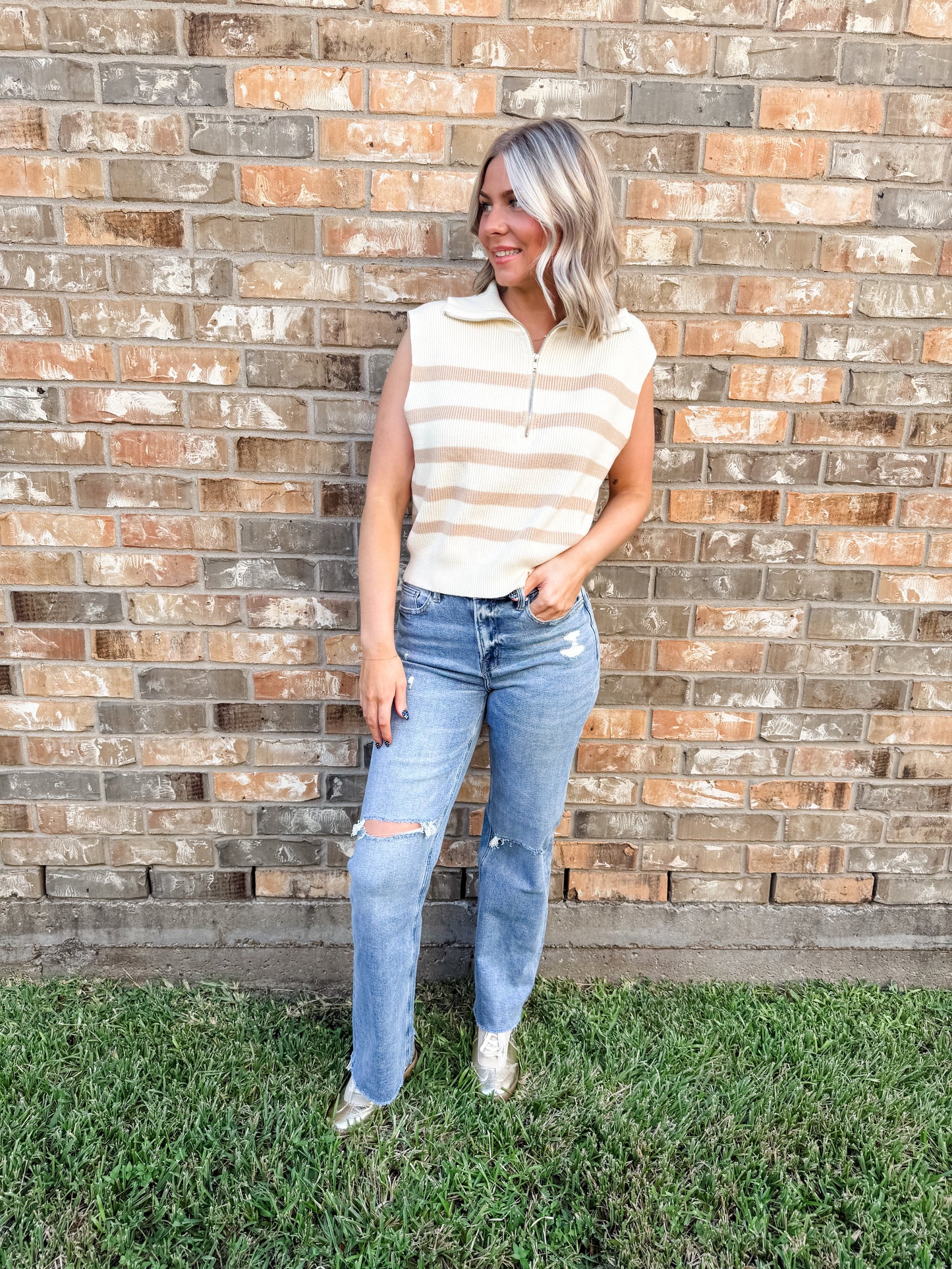 Carly Cream  and Taupe Sleeves Sweater
