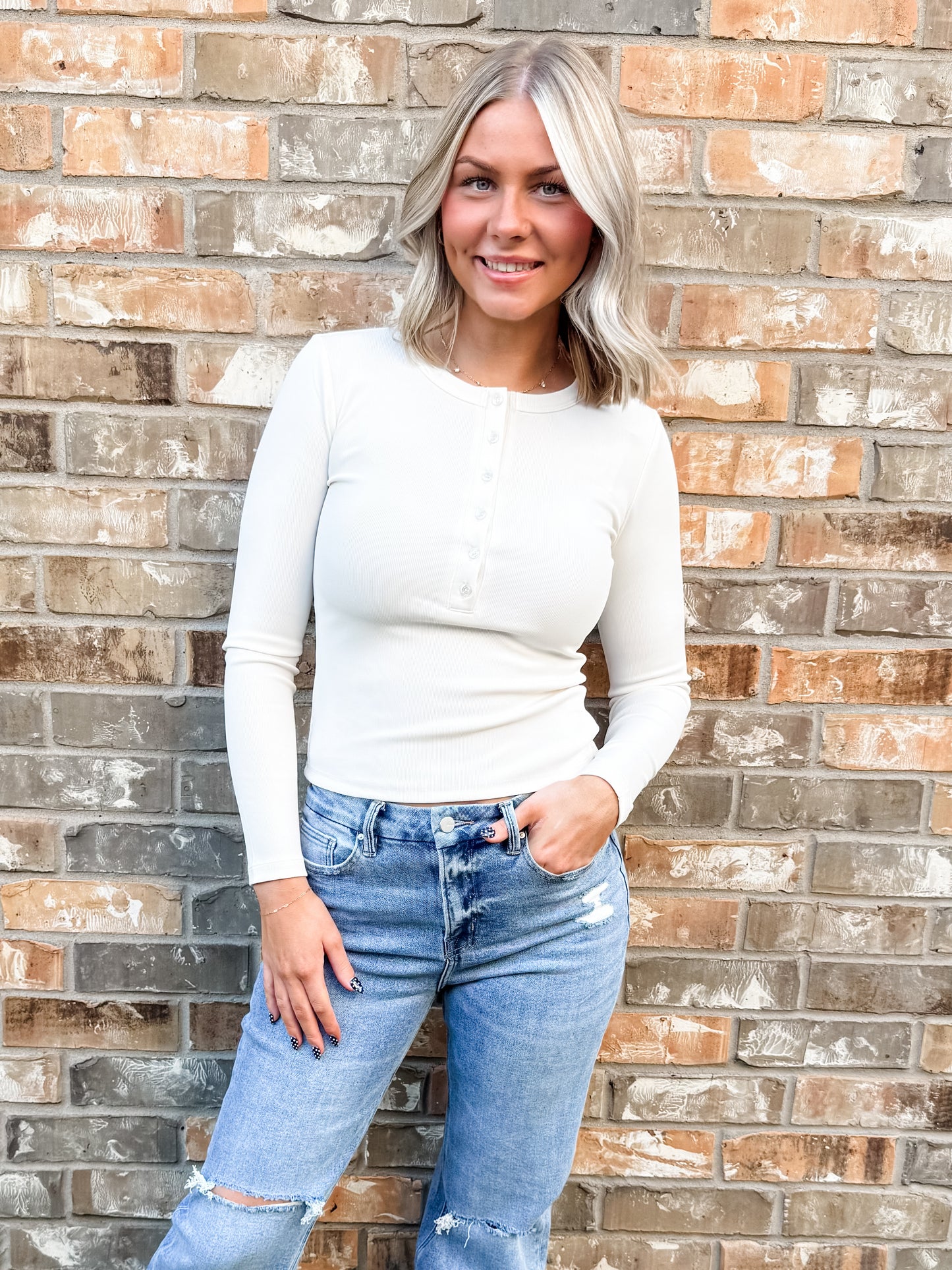 Cream Ribbed Henley Top