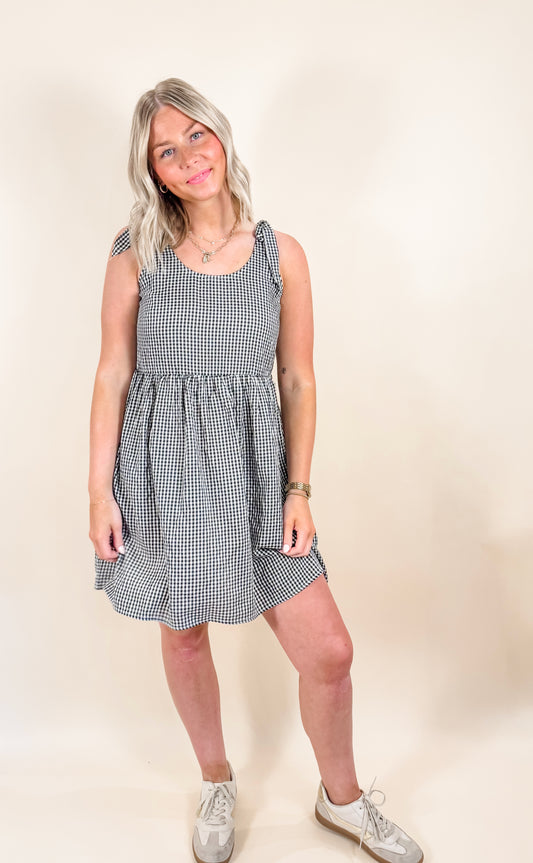 Gingham Ribbon Tie Sleeve Dress
