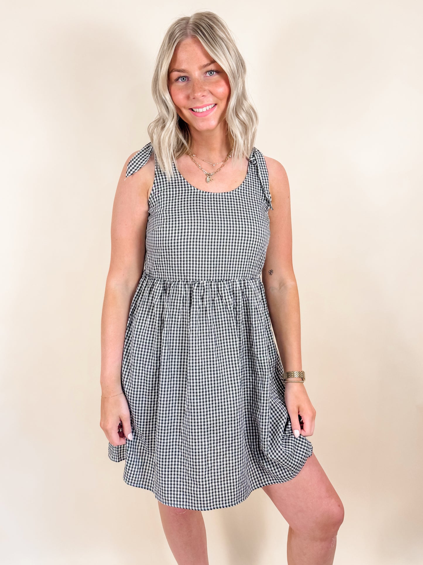 Gingham Ribbon Tie Sleeve Dress